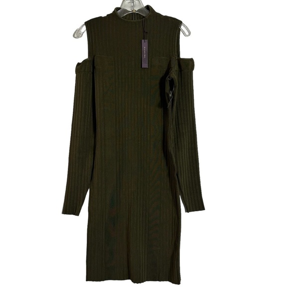 NWT Rachel Roy Olive Green Cold Shoulder Knit Mockneck Ribbed Sheath Dress - Picture 1 of 10